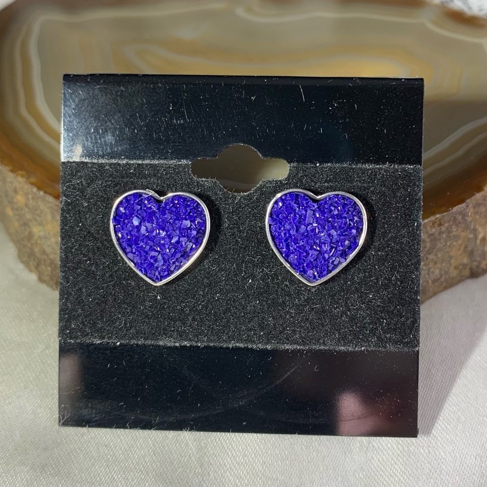 Vibrant Purple Heart Glitter Stud Earrings